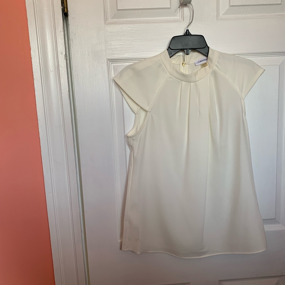 Calvin Klein Cream Pleated Neck Cap Sleeve Camisole